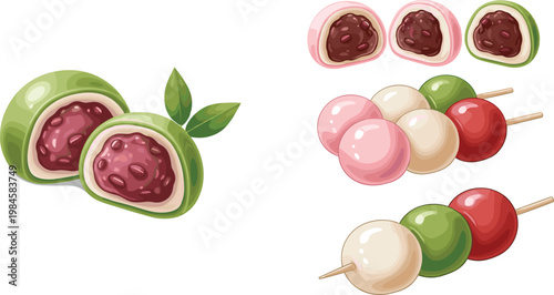 Japanese Sweet Dessert Collection with Matcha Mochi Daifuku and Colorful Dango Rice Dumplings Traditional Asian Confectionery Vector Illustration Set