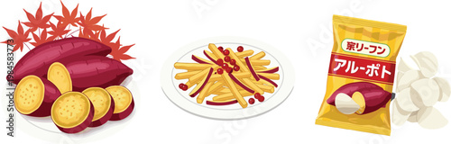 Sweet Potato Snack Collection with Roasted Yams French Fries Style Dish and Packaged Chips Food Vector Illustration Set