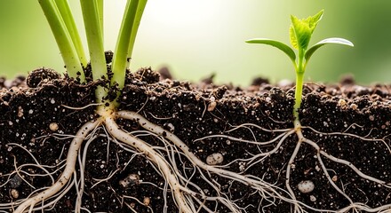 A close-up view of two plants with exposed roots growing in soil