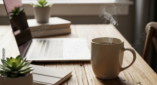 Cozy Workspace: Laptop, Coffee, and Plants on Wooden Desk by Window