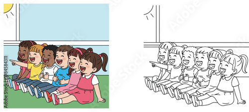 Happy Diverse Children Sitting and Pointing Coloring Page for Kids with Color Example, Preschool Educational Activity Book Vector Illustration of Kids Learning and Playing Together