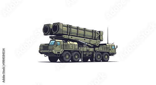 Heavy military missile launcher vehicle system delivering defense and security in a vector illustration style.