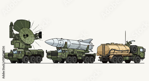 Illustration of three military vehicles including a radar truck, missile launcher, and fuel tanker for defense operations.