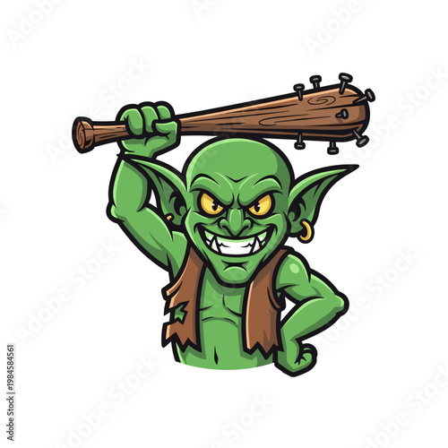 Mischievous green goblin character holding a spiked wooden club