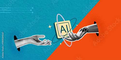Conceptual collage of human and robot hands reaching for an AI icon. Minimalist technology design with halftone textures and paper effect. Ideal for artificial intelligence, machine learning, and futu