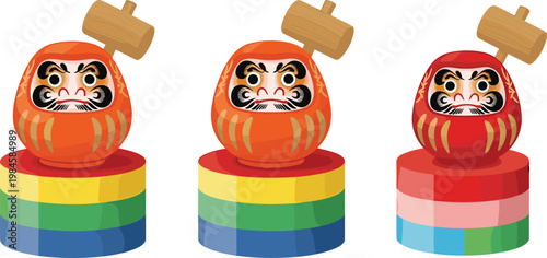 Daruma Doll Collection with Traditional Japanese Lucky Figurines Colorful Stacked Bases and Hammer Toy Game Vector Illustration Set