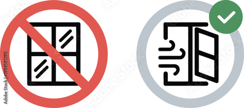 Two symbols show a forbidden closed window and an allowed open window with fresh air