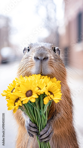 Close-up portrait of a brown capybara holding a bouquet of bright yellow flowers with its front paws against a blurred street background, concept of kindness and celebration atmosphere