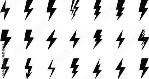 Various black lightning symbols shown in a clean grid on a crisp white backdrop