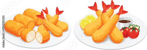 Fried Shrimp and Spring Roll Collection with Crispy Tempura Prawns and Appetizer Plates Seafood Food Vector Illustration Set