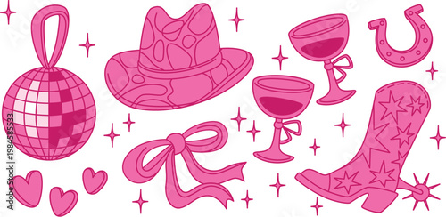 Pink disco cowgirl party elements with cowboy hat and boots vector