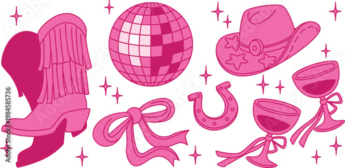 Vibrant pink bachelorette party supplies with cowboy hat and hearts vector