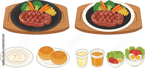 Steak Meal Collection with Grilled Beef Steak Vegetables Burger Soup Drinks and Salad Plates Restaurant Food Vector Illustration Set