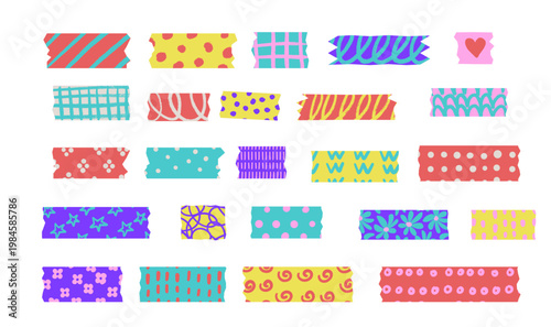 Colorful washi tape strips set with hand drawn patterns. Cute girly masking tape stickers with dots, stripes, flowers and abstract doodles. Vector decorative adhesive labels for planner, scrapbook and