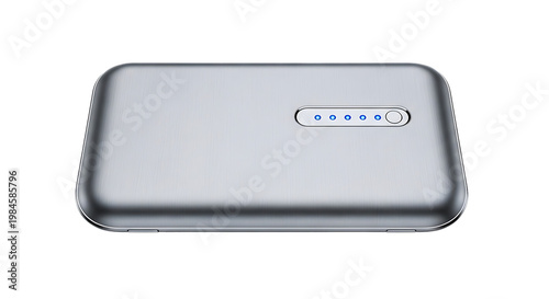 Portable power bank with four blue LED indicators on a clean white background