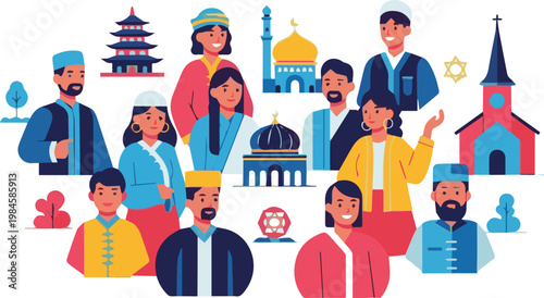 Vibrant illustration of diverse people, landmarks, and cultures around world
