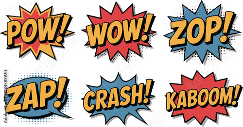Various comic book style sound effect bubbles including Zop and Zap with different explosion shapes