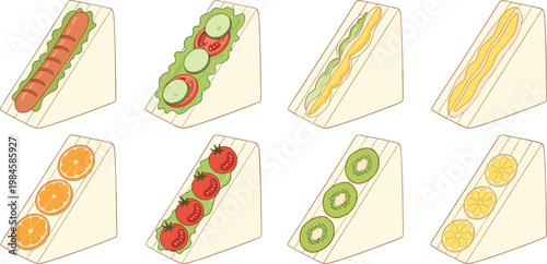 Sandwich Collection with Vegetable Hot Dog Fruit and Classic Fillings Triangular Bread Snacks Lunch Food Vector Illustration Set