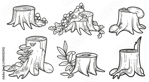 Set of  different stumps with parasitic overgrowth toadstools and moss outlined for coloring isolated on white background