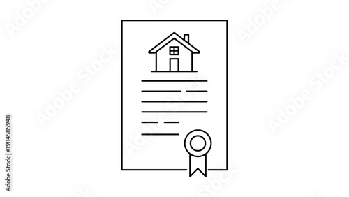 Property Deed Minimalist Black Line Vector Icon Illustration, Clean Hand-Traced Outline of a Real Estate Document with Seal on White Background, Scalable SVG for Business and Legal Design.