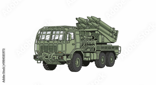 A detailed illustration of a robust military tactical truck equipped with surface-to-air missiles.