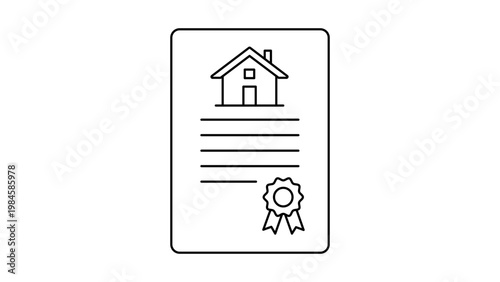 Property Deed minimalist black line vector icon on a white background. A clean, scalable SVG illustration representing a legal document, real estate contract, house ownership, or land title.