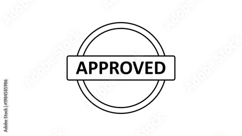 Minimalist Black Line Vector Icon Illustration of a Circular Approved Stamp with Letter A, Representing Quality Assurance, Verification, Acceptance, and Certification on White Background.