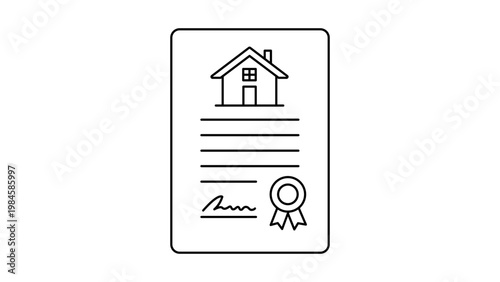 Property Deed Minimalist Black Line Vector Icon on White Background. A clean scalable SVG illustration representing a legal document, real estate contract, house title, land agreement, or mortgage.