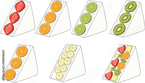 Fruit Sandwich Collection with Strawberry Orange Kiwi Banana and Mixed Fruit Cream Sandwiches Sweet Dessert Food Vector Illustration Set