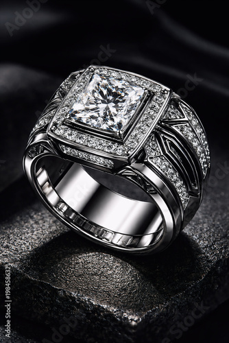 Luxury Men’s Princess Cut Diamond Ring – 14K White Gold Pave Statement Band – Premium Groomsmen Wedding Ring, Hip Hop Pinky Jewelry, Bold Anniversary Gift for Him.