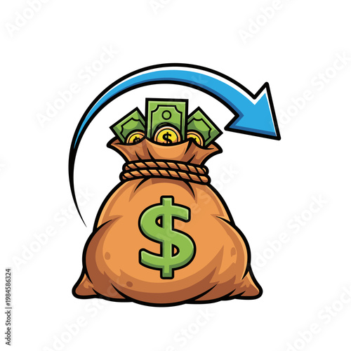 Money bag with dollar sign containing cash and coins with a curving blue arrow