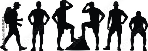 Various male outdoor enthusiasts represented as silhouettes in different active and resting stances