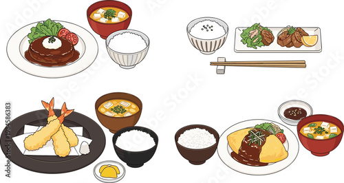 Japanese Meal Set Collection with Tempura Rice Soup Omelette and Fried Dishes Traditional Asian Cuisine Top View Vector Illustration Set