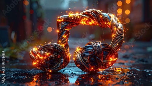 Futuristic Headphones Sculpture Glowing with Fiery Energy.