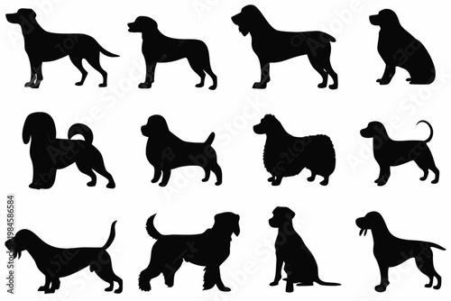 A collection of various dog breeds depicted in solid black shapes