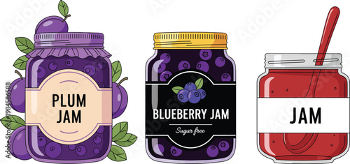 Fruit Jam Jar Collection with Plum Blueberry and Strawberry Preserves Glass Containers Sweet Food Packaging Vector Illustration Set