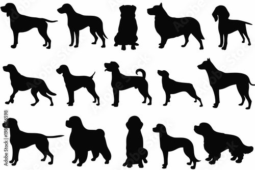 A collection of various dog breeds depicted in solid black shapes