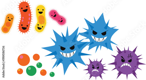 Cartoon Bacteria and Virus Collection with Cute and Angry Microorganisms Colorful Germ Characters Medical Vector Illustration Set