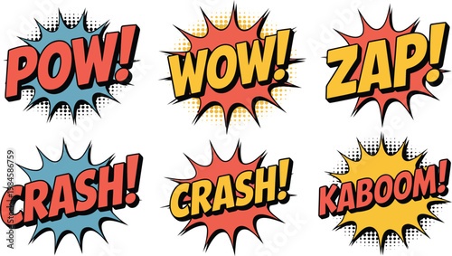 Vibrant comic book style sound effect bursts showcasing dynamic exclamations against a crisp white backdrop