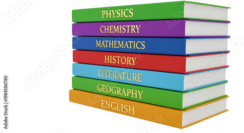 Stack of educational books including physics, chemistry, mathematics, history, literature, geography, and English subjects