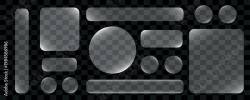 Collection of liquid transparent glassy shapes in different style for ui design elements on a black and gray checkered background for ui design elements vector.