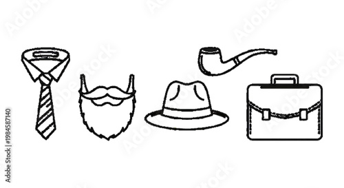 Father’s Day line icon set vector, dad accessories collection, tie, beard, pipe, hat, briefcase, clean outline style, white background
