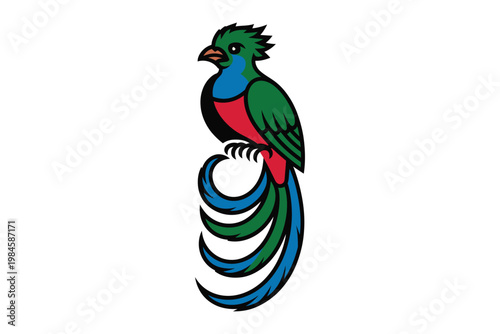 A vibrant stylized illustration of a quetzal bird with flowing tail feathers perfect for graphic design on transparent background high-quality.