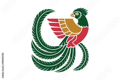 A vibrant stylized quetzal bird illustration with flowing green plumage and bold red detailing presented on transparent background high-quality professional.