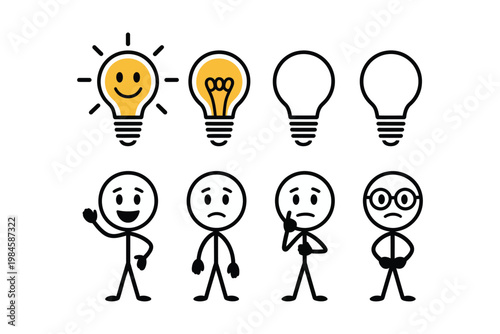 A collection of simple linear icons depicting lightbulbs and stick figures representing ideas and emotions on transparent background high-quality professional.