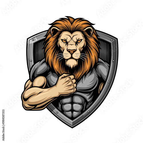 Muscular lion mascot with an orange mane and fierce expression emerging from behind a shield