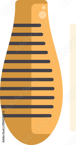 Flat design illustration of a yellow guiro percussion instrument with its playing stick