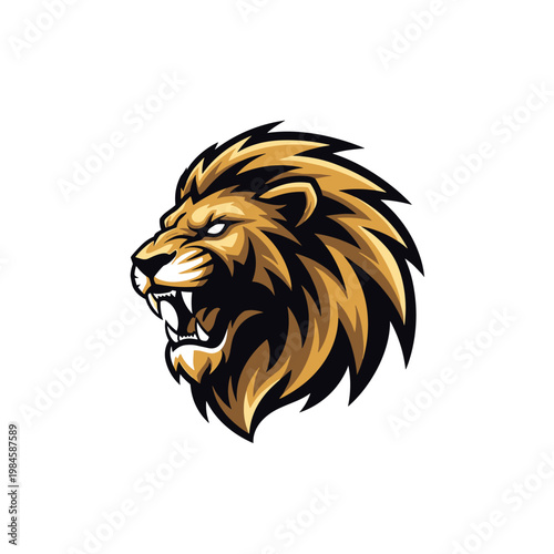 Stylized golden lion head roaring with a fierce expression
