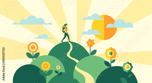 Person walking on a sunny hilltop with flowers.