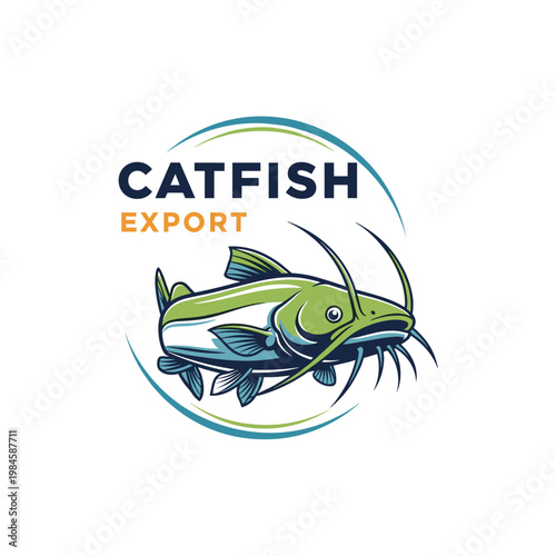 Stylized catfish logo for export business with text and wavy lines